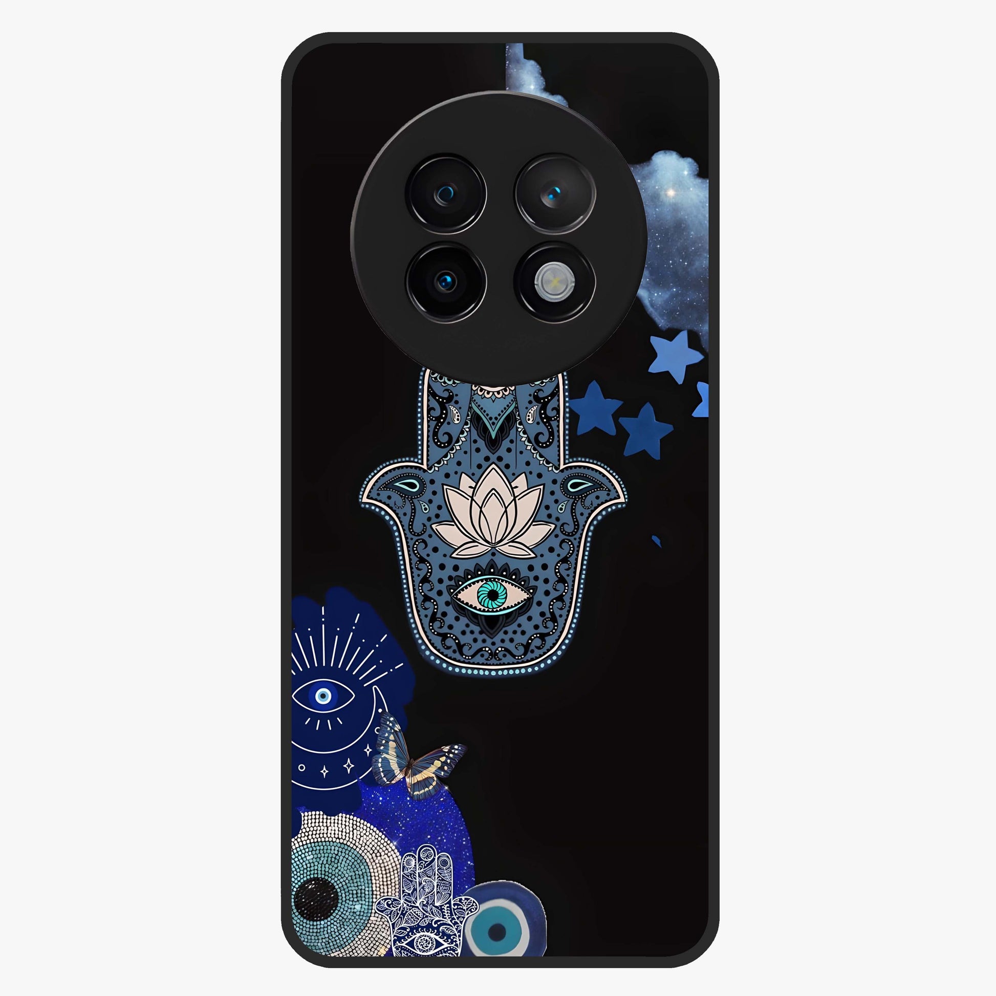 Mystic Hand Aura Glass Case showing flat back view with mystical hand symbol artwork and glossy glass finish.