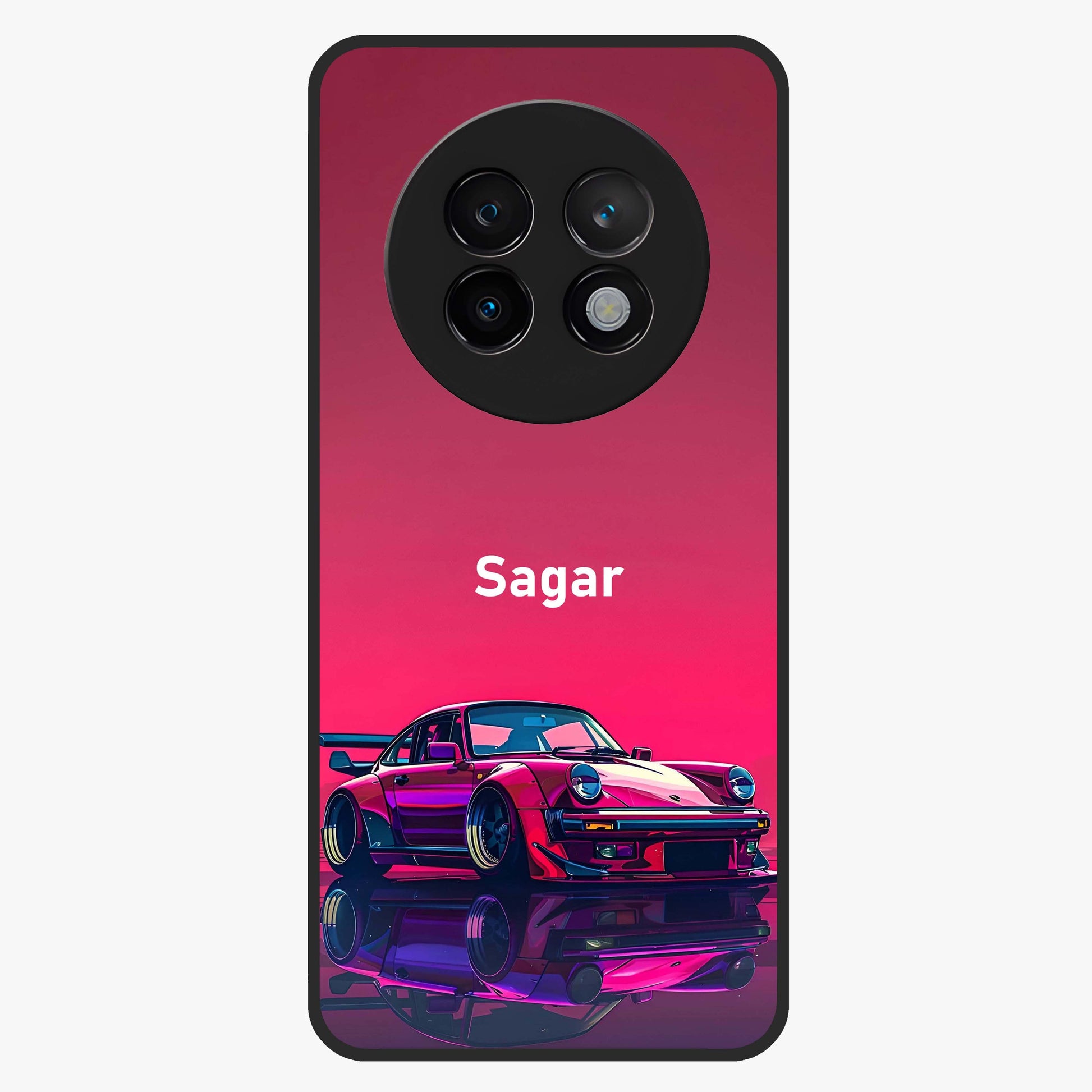 Neon Pink Porsche Glass Case showing flat back view with stylish sports car artwork and glossy glass finish.