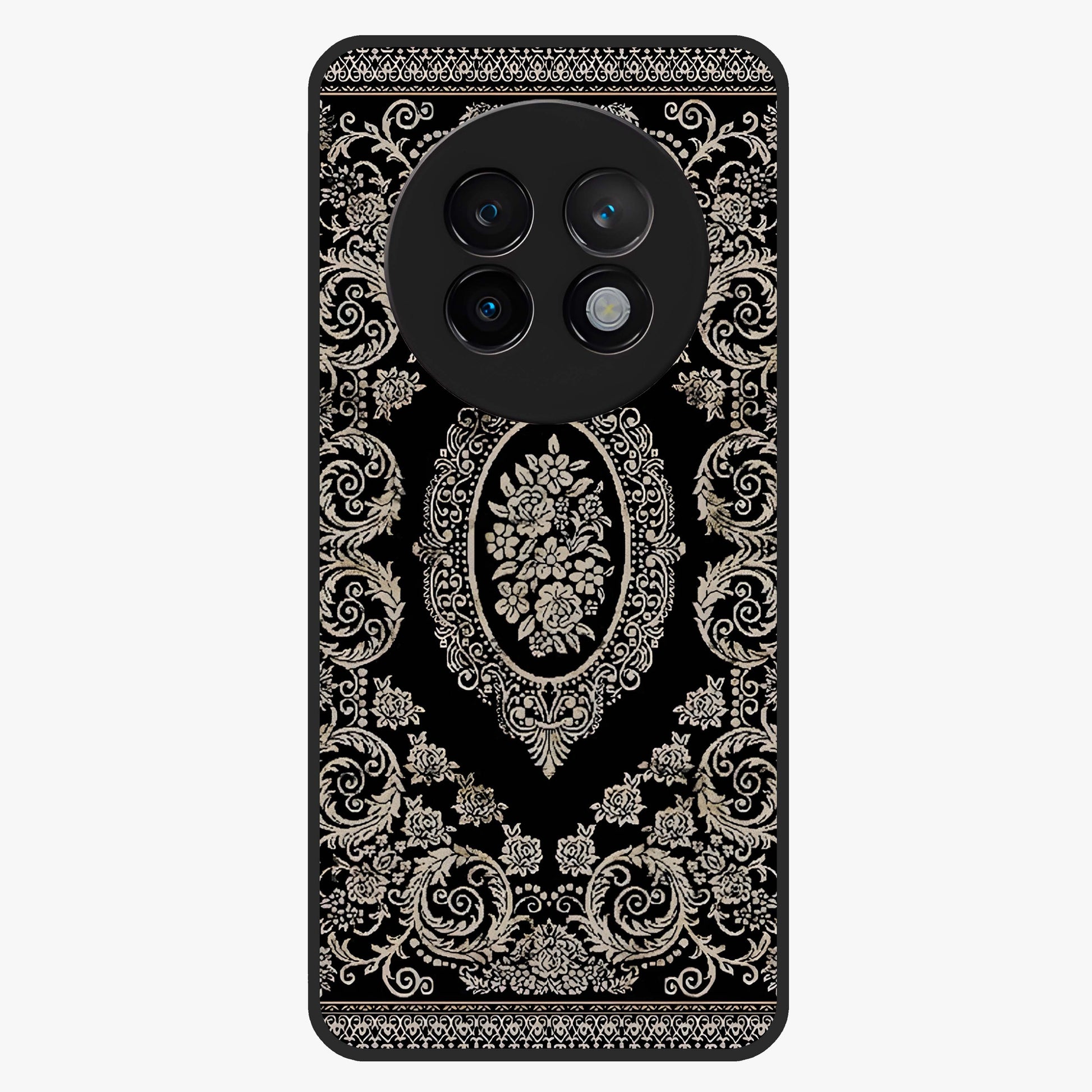 Noir Bloom Elegance Glass Case showing flat back view with elegant dark floral artwork and glossy glass finish.