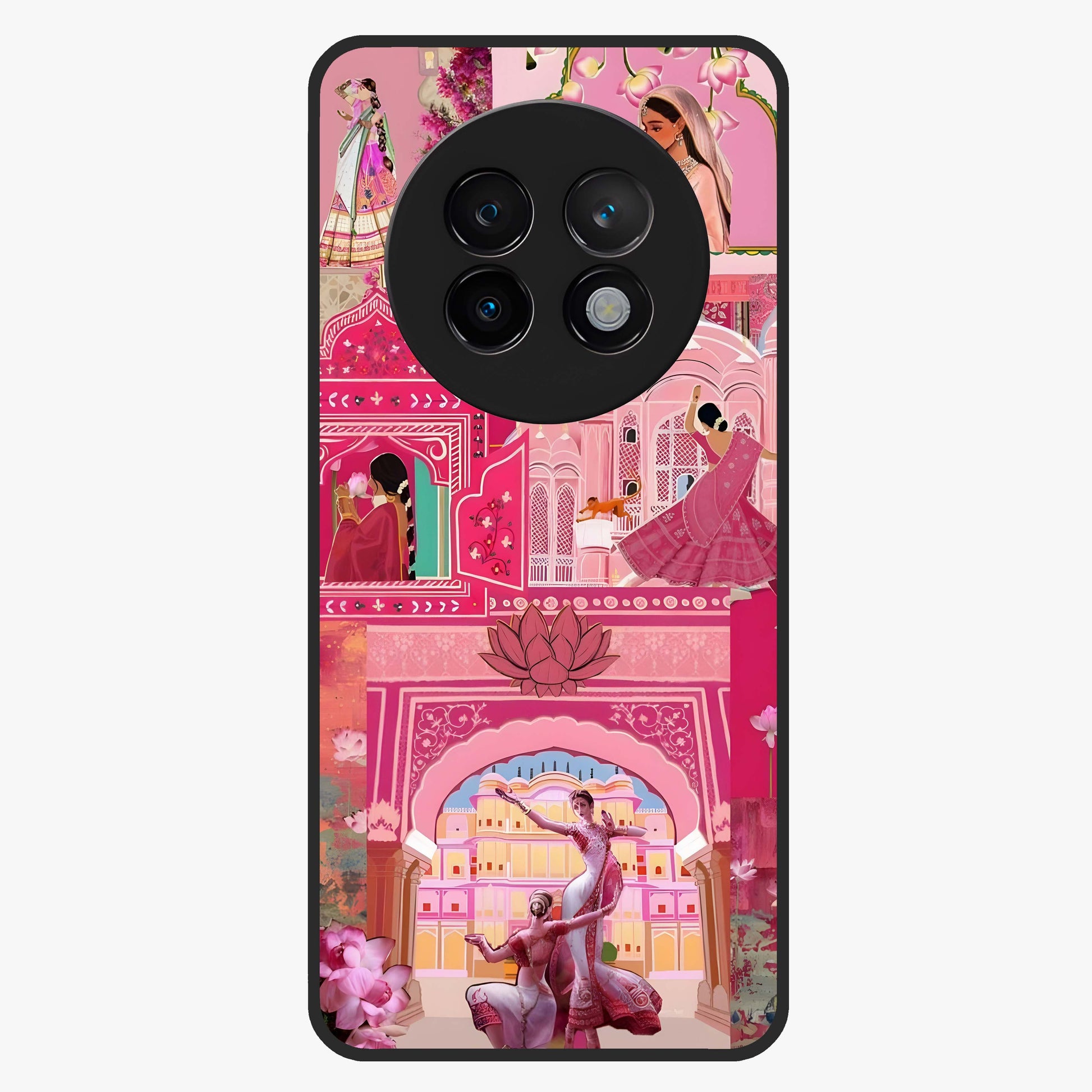 Pink Palace Muse Glass Case showing flat back view with elegant palace inspired artwork and glossy glass finish.