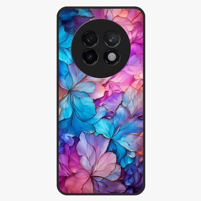 Radiant Floral Whirl Glass Case showing flat back view with swirling floral artwork and glossy glass finish.