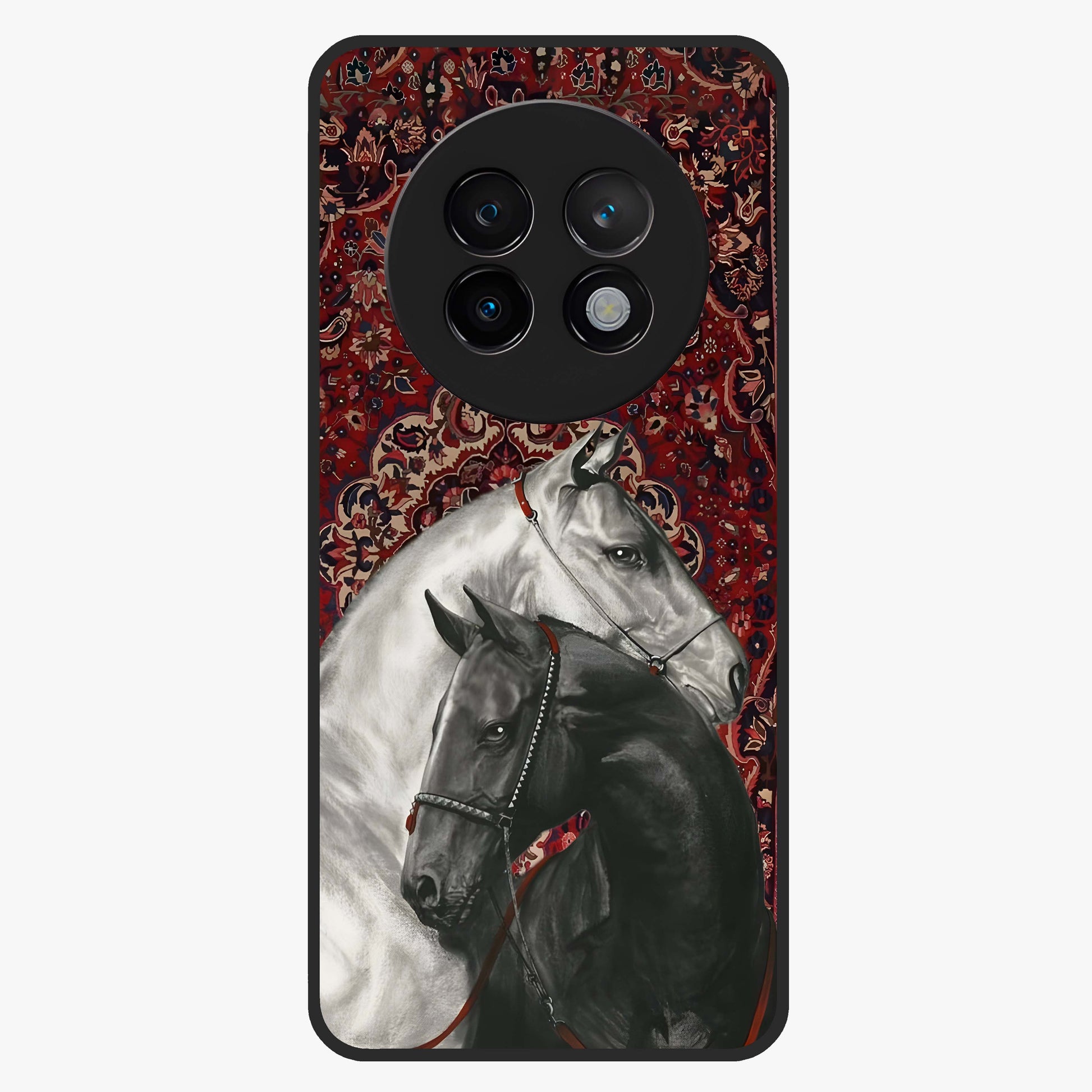Regal Stallion Tapestry Glass Case showing flat back view with majestic horse tapestry artwork and glossy glass finish.