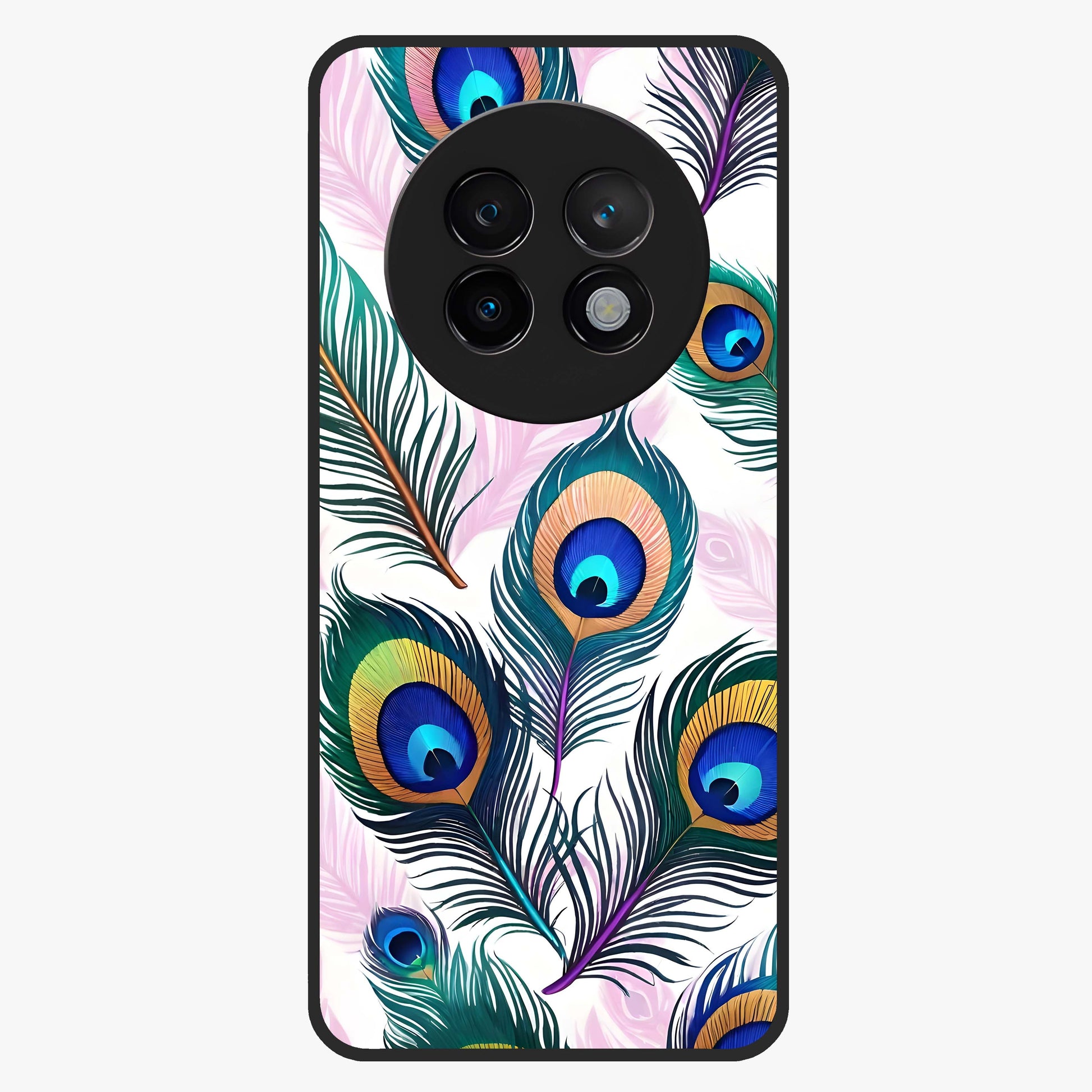 Royal Peacock Feathers Glass Case showing flat back view with colorful peacock feather artwork and glossy glass finish.