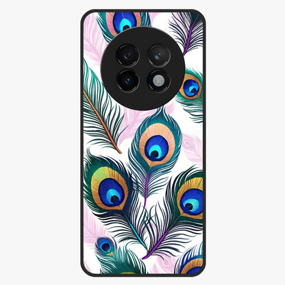 Royal Peacock Feathers Glass Case showing flat back view with colorful peacock feather artwork and glossy glass finish.