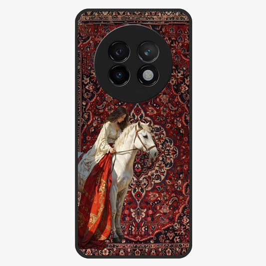 Royal Rider Tapestry Glass Case showing flat back view with majestic horse rider tapestry artwork and glossy glass finish.