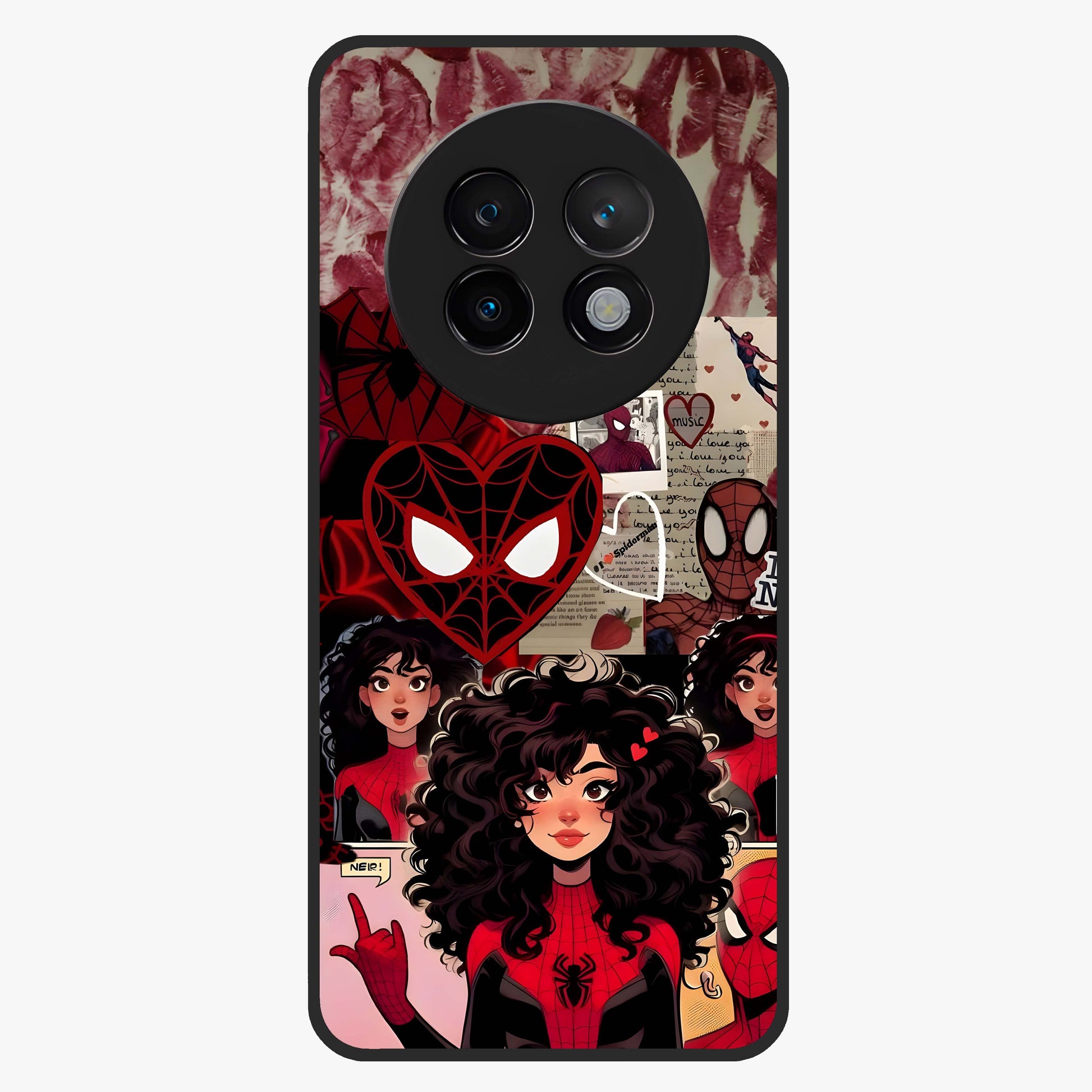 Spider Love Story Glass Case showing flat back view with romantic superhero themed artwork and glossy glass finish.