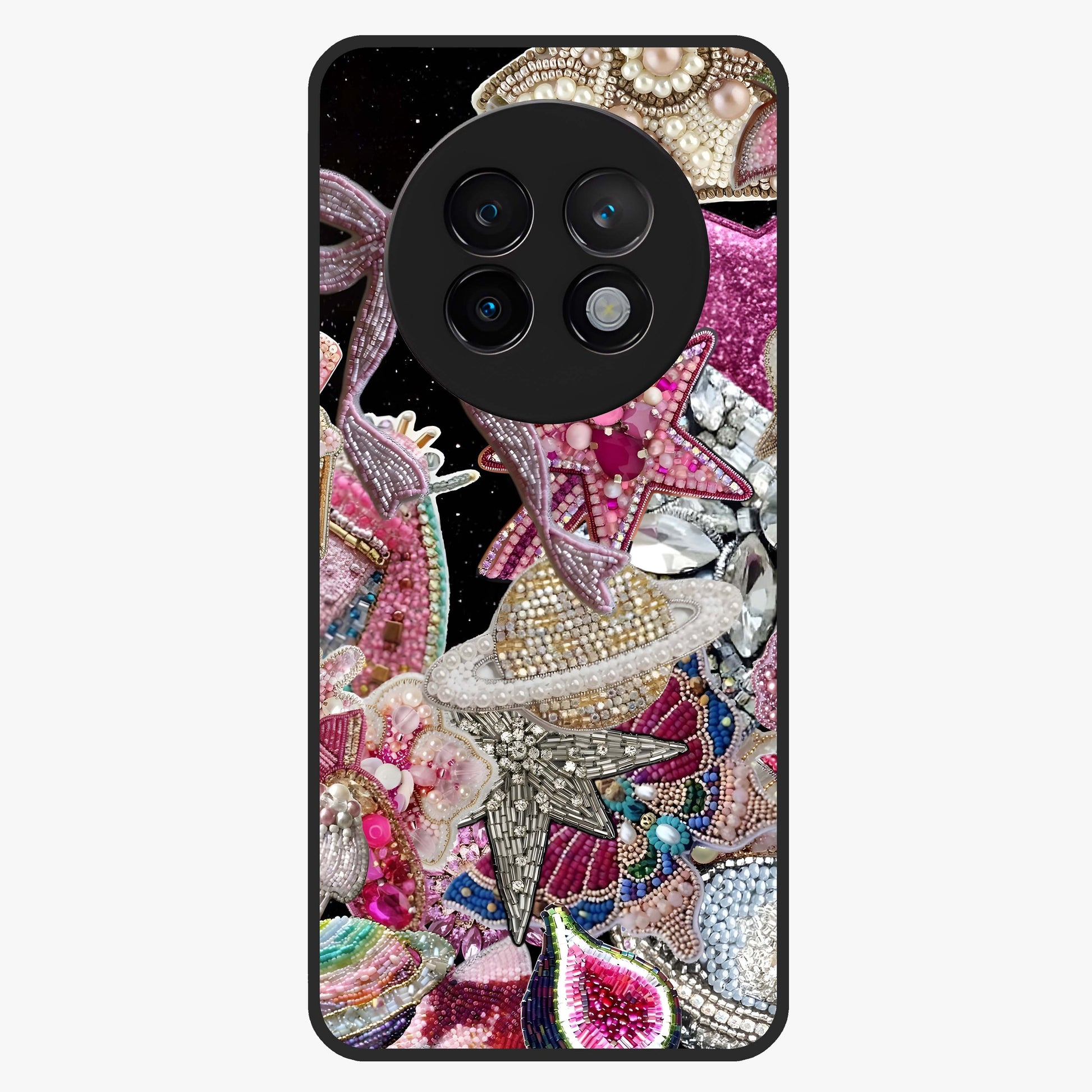 Starlit Jewel Dream Glass Case showing flat back view with sparkling jewel and star themed artwork and glossy glass finish.