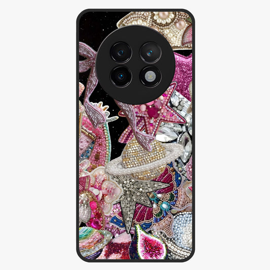 Starlit Jewel Dream Glass Case showing flat back view with sparkling jewel and star themed artwork and glossy glass finish.