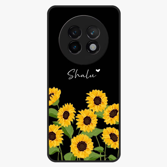 Sunflower Chic Mood Custom Name Glass Case showing flat back view with stylish sunflower artwork and personalized name design.