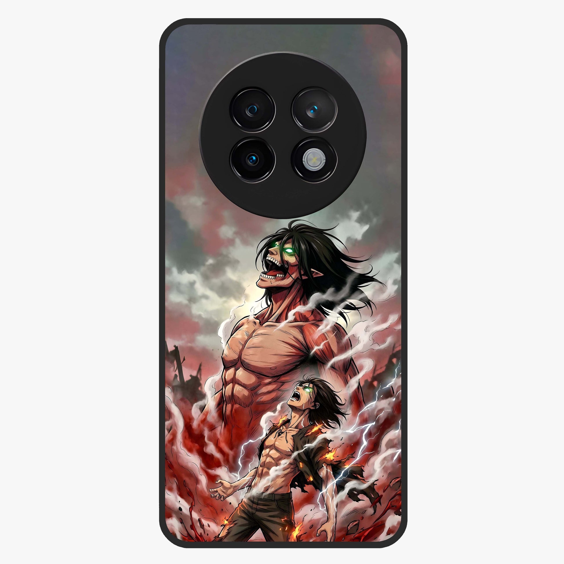 Titan Awakening Fury Glass Case showing flat back view with powerful titan inspired artwork and glossy glass finish.