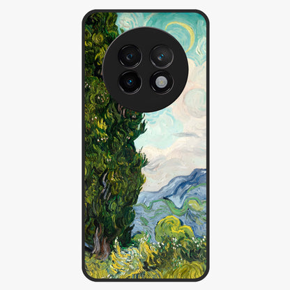 Van Gogh Vintage Art Glass Case showing flat back view with vintage painterly artwork inspired by Van Gogh style and glossy glass finish.