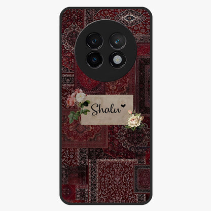 Velvet Wine Pattern Custom Name Glass Case showing flat back view with elegant wine colored pattern artwork and personalized name design.