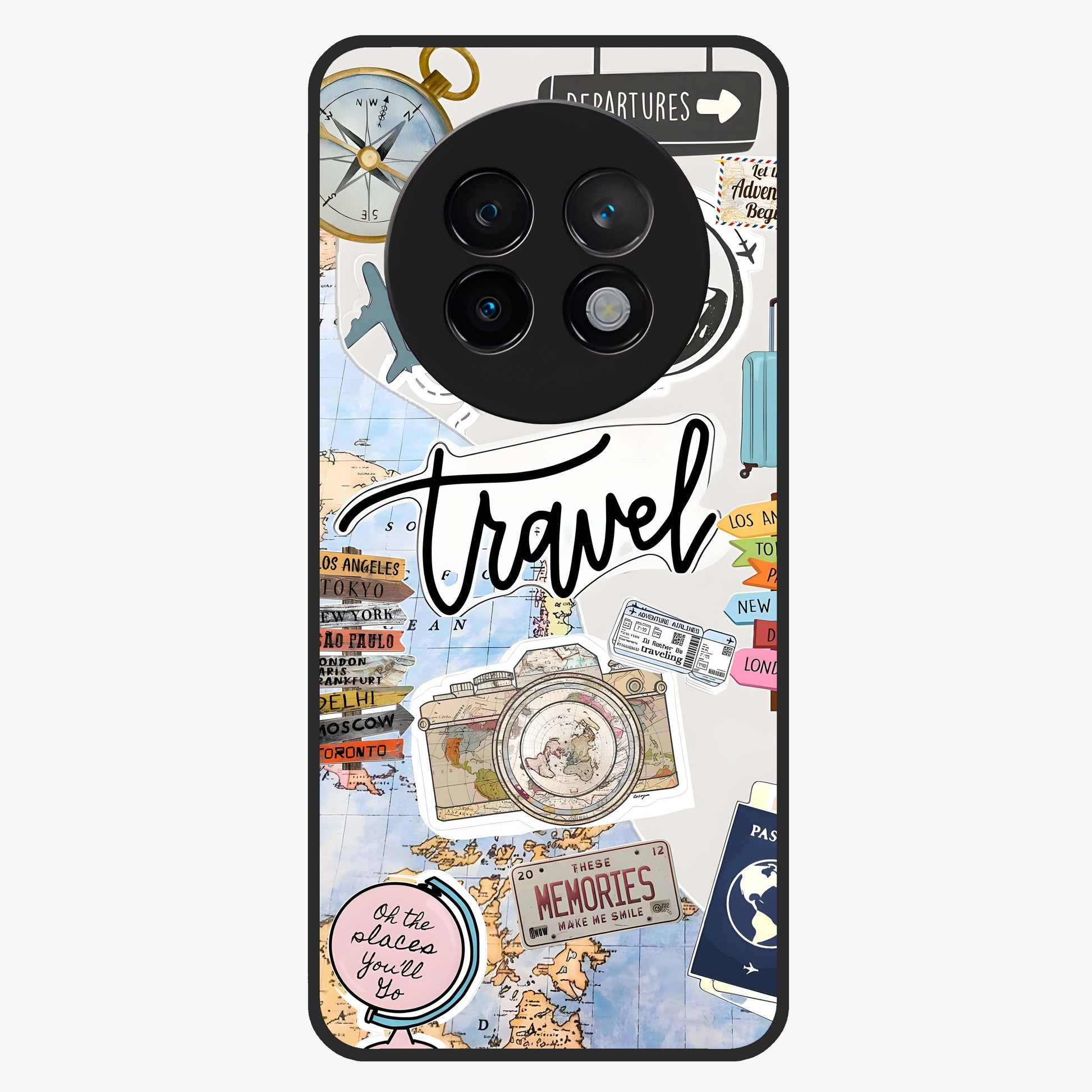 Wanderlust Journal Glass Case showing flat back view with travel inspired artwork and glossy glass finish.