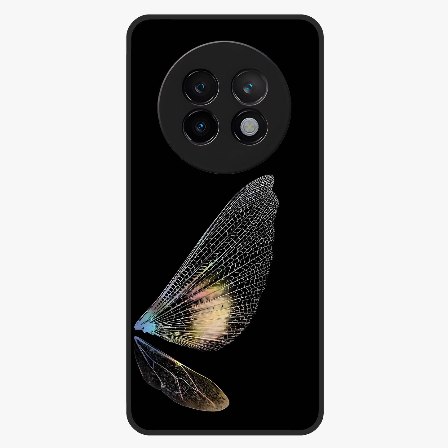 Whispers Of Wings Glass Case showing flat back view with graceful wing inspired artwork and glossy glass finish.