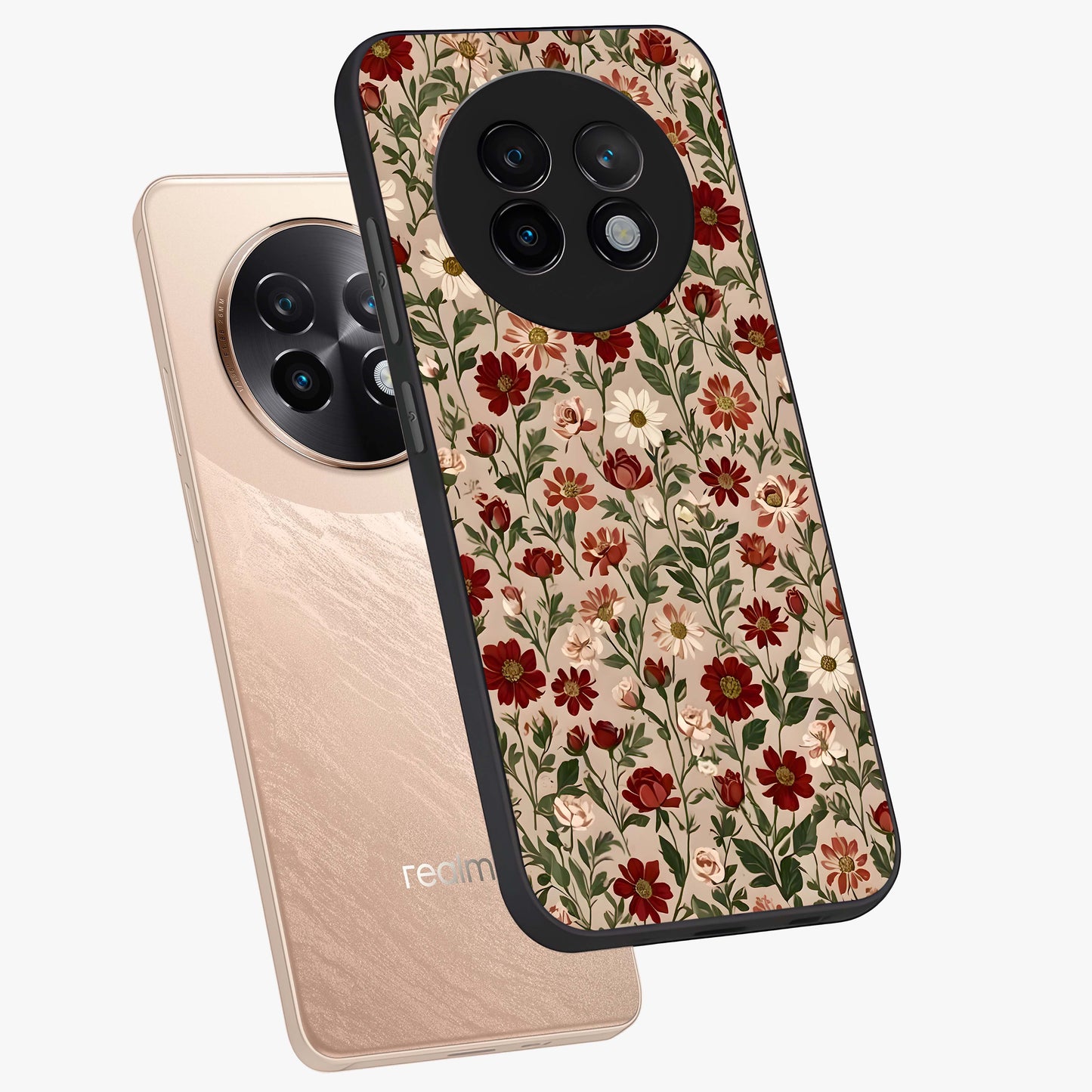 Biege Flower With Leaf Glass Case displayed in angled mockup highlighting minimal floral leaf design and elegant aesthetic.