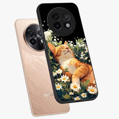 Blissful Bloom Cat Glass Case displayed in angled mockup highlighting playful feline illustration with soft floral aesthetic.
