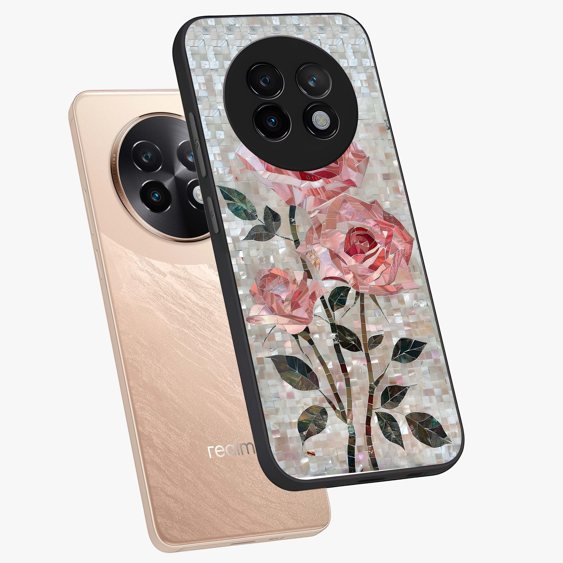 Blush Mosaic Bloom Glass Case displayed in angled mockup highlighting artistic mosaic flower pattern with aesthetic design.