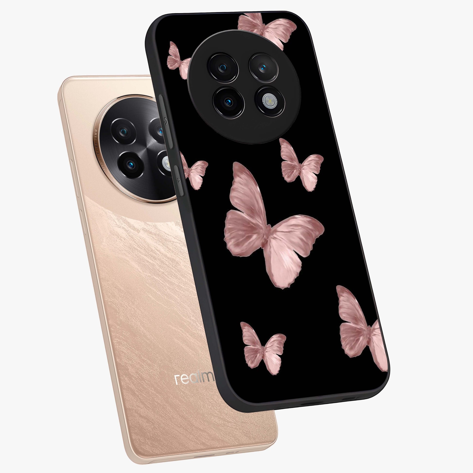 Butterfly Pattern Glass Case displayed in angled mockup highlighting delicate butterfly design and aesthetic pattern style.