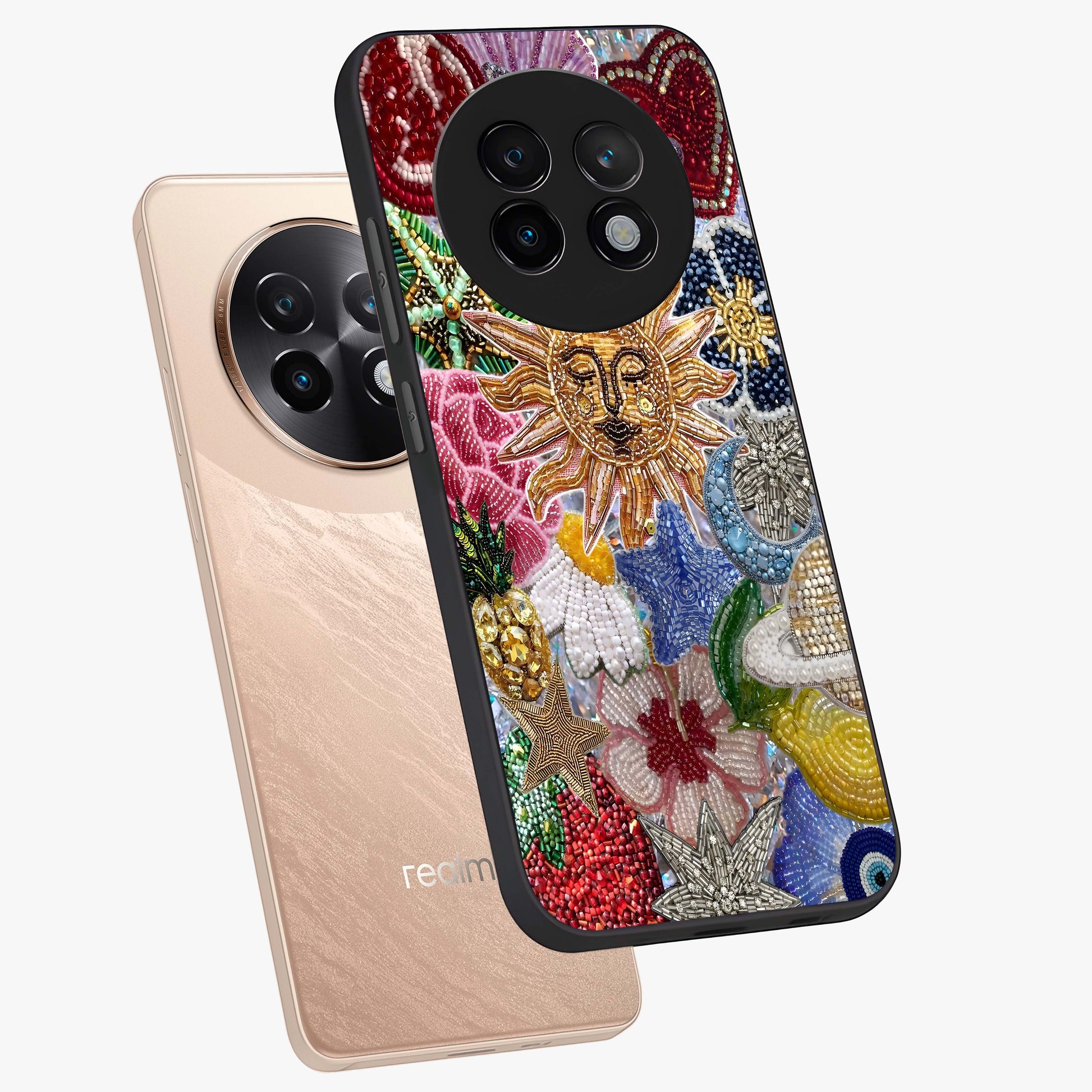 Celestial Floral and Playful Glass Case displayed in angled mockup highlighting playful floral design with dreamy celestial elements.