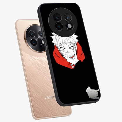Crimson Chaos Smile Glass Case displayed in angled mockup highlighting edgy crimson smile design with graphic aesthetic.