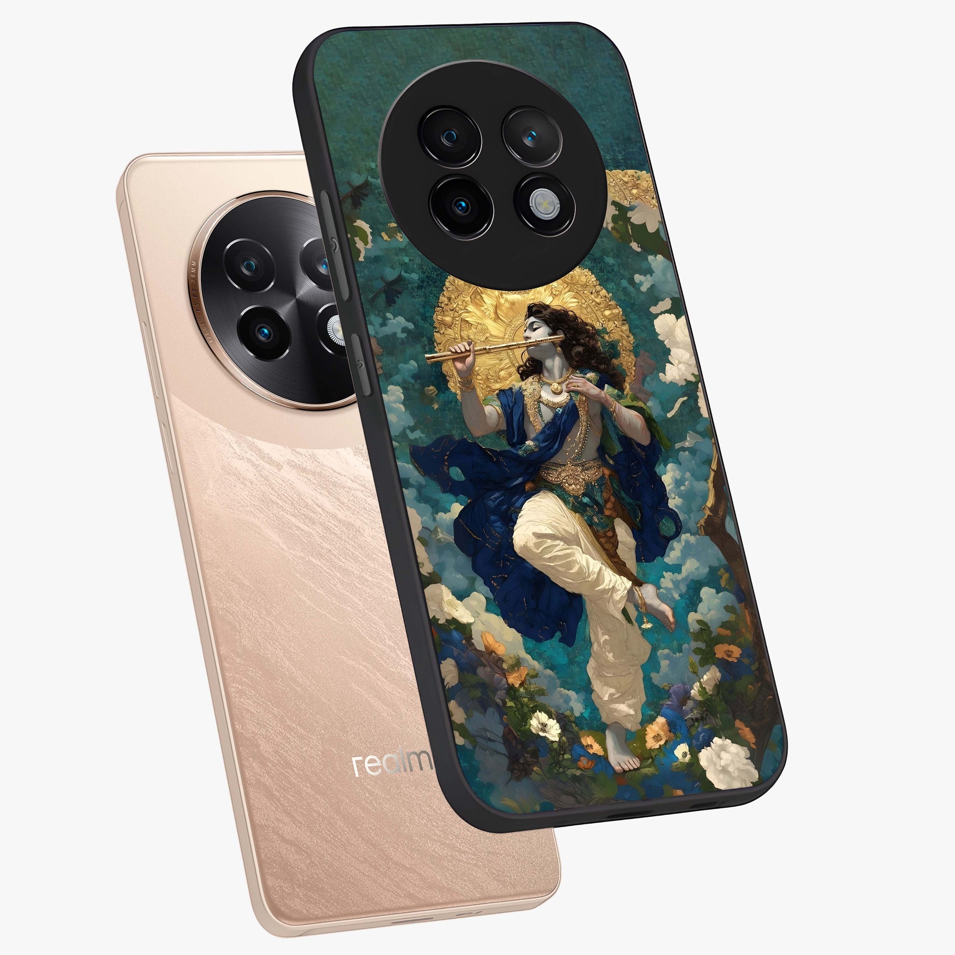 Divine Krishna Art Glass Case displayed in angled mockup highlighting spiritual Krishna illustration with devotional aesthetic.