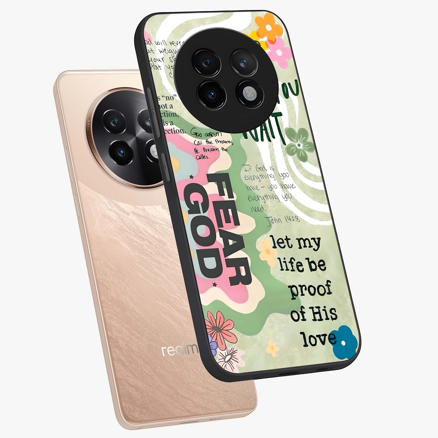 Faith Over Fear Glass Case displayed in angled mockup highlighting inspirational message design with modern aesthetic style.