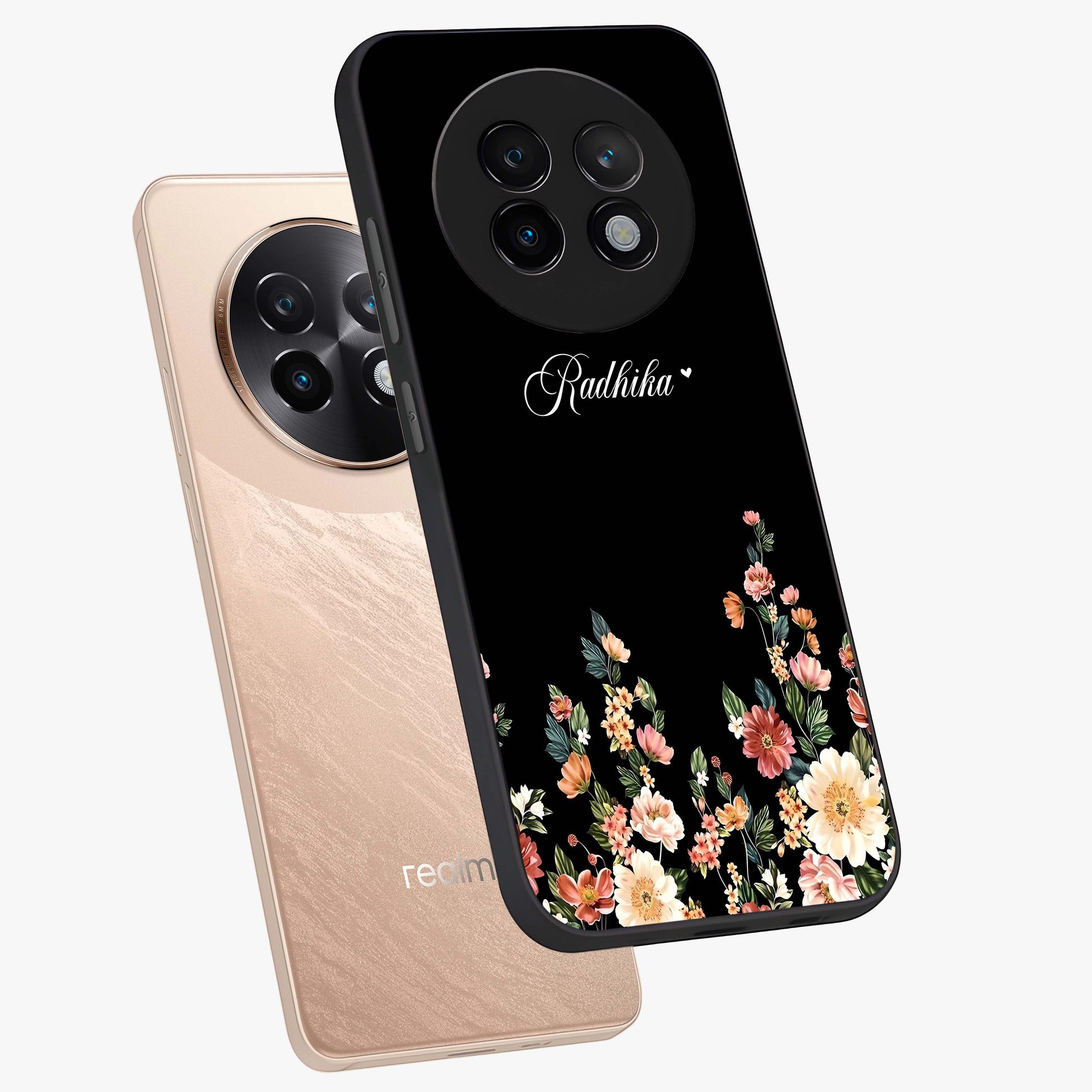 Floral Design With a Custom Personalized Name Glass Case displayed in angled mockup highlighting elegant floral pattern with custom name feature.