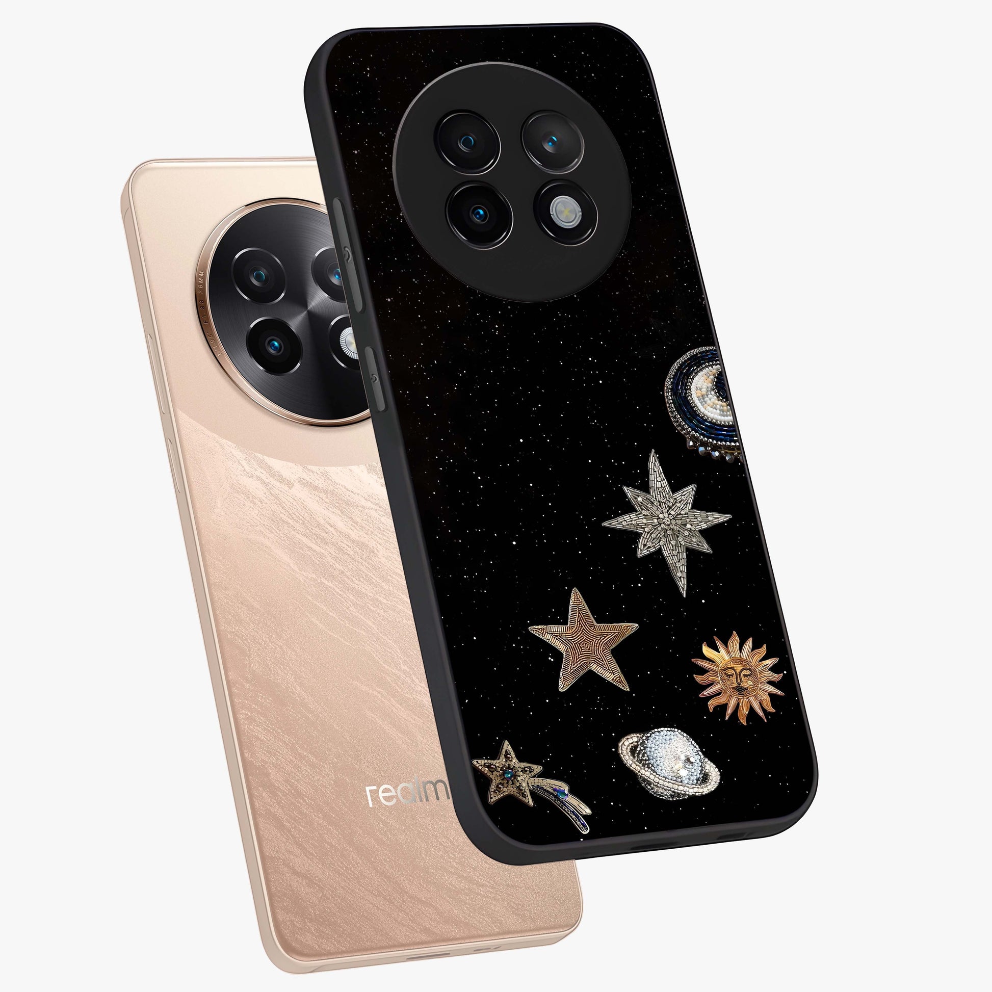 Galactic Charm Glow Glass Case displayed in angled mockup highlighting luminous galaxy inspired design with dreamy aesthetic.