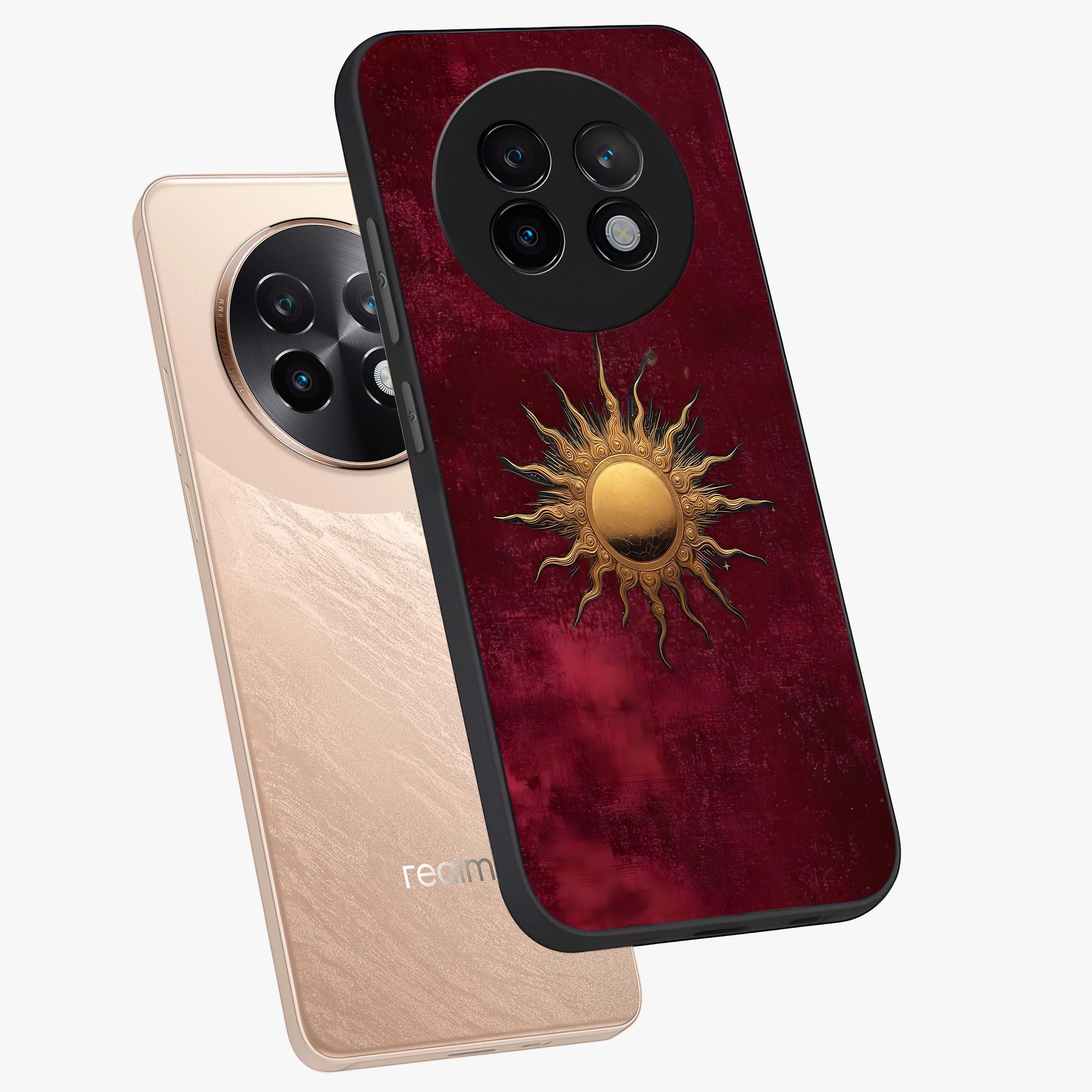 Golden Sun Minimalism Glass Case displayed in angled mockup highlighting clean sun symbol design with modern minimal aesthetic.