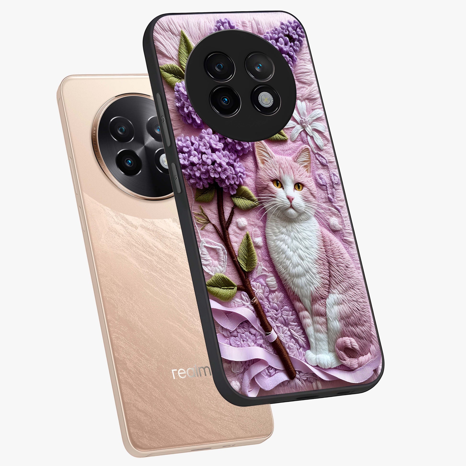 Lavender Cat Whimsy Glass Case displayed in angled mockup highlighting playful feline illustration with pastel lavender aesthetic.