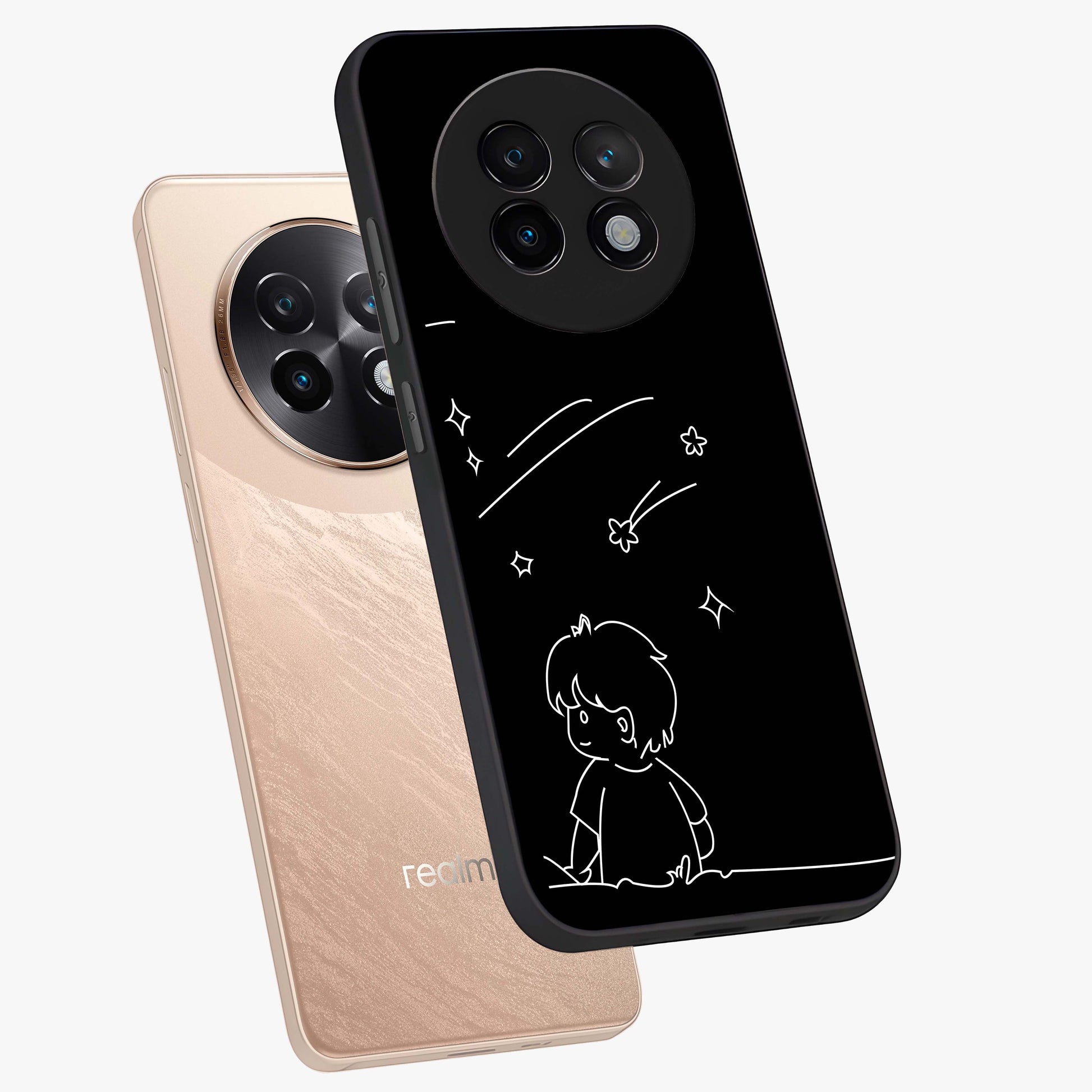 Line Art Boy With Shooting Stars Glass Case displayed in angled mockup highlighting elegant line art design with dreamy star aesthetic.