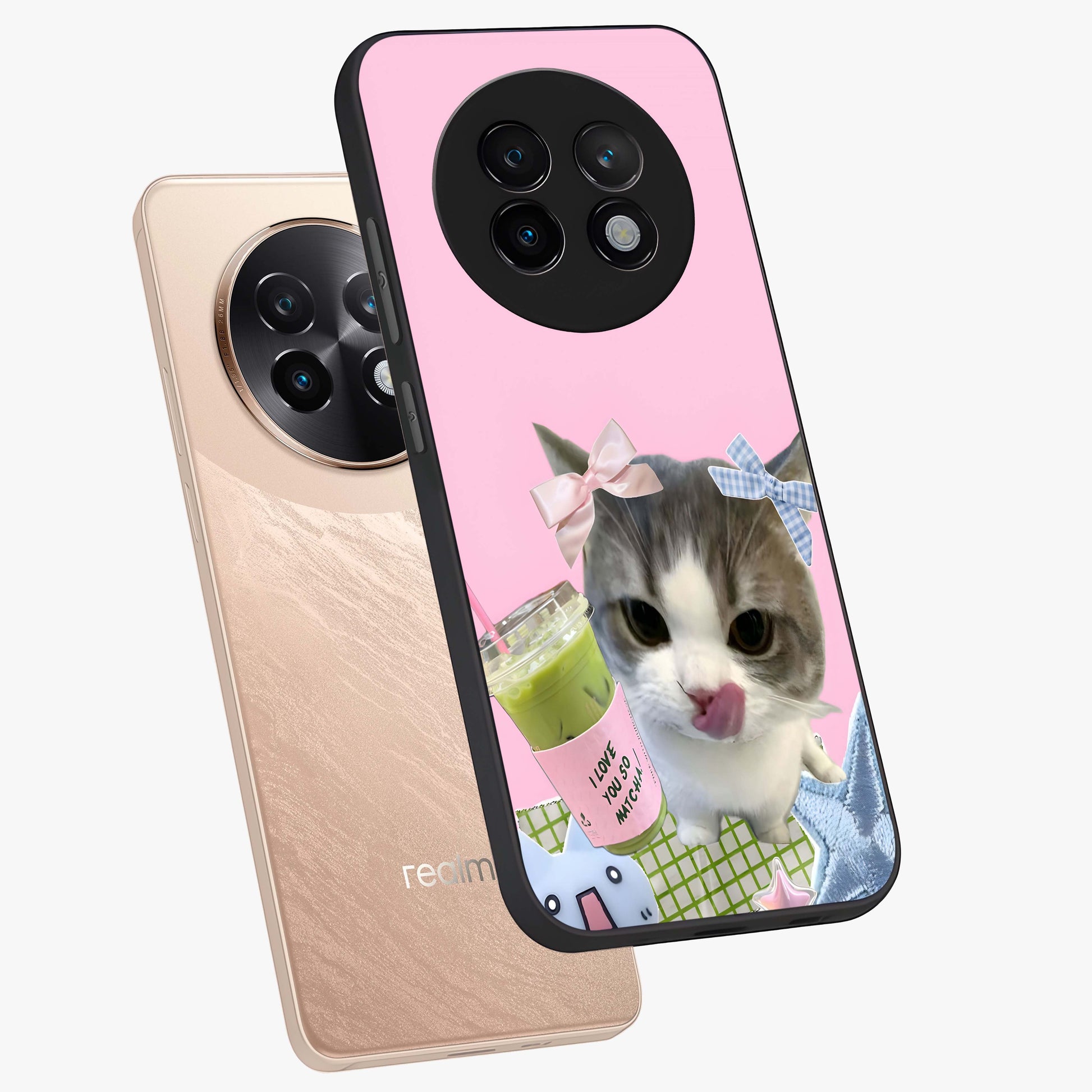 Love Matcha Cat Glass Case displayed in angled mockup highlighting playful feline illustration with cozy matcha aesthetic.