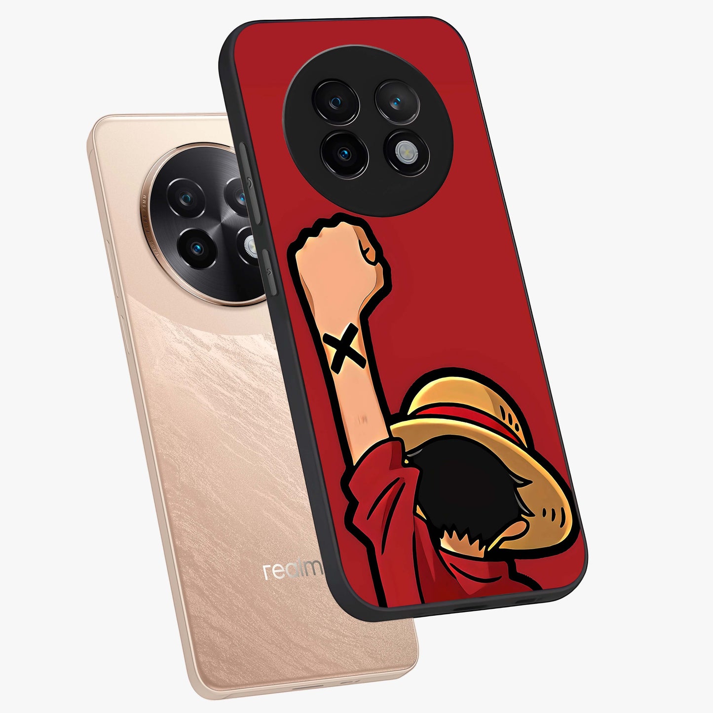 Luffy X Spirit Glass Case displayed in angled mockup highlighting powerful anime design with energetic action aesthetic.