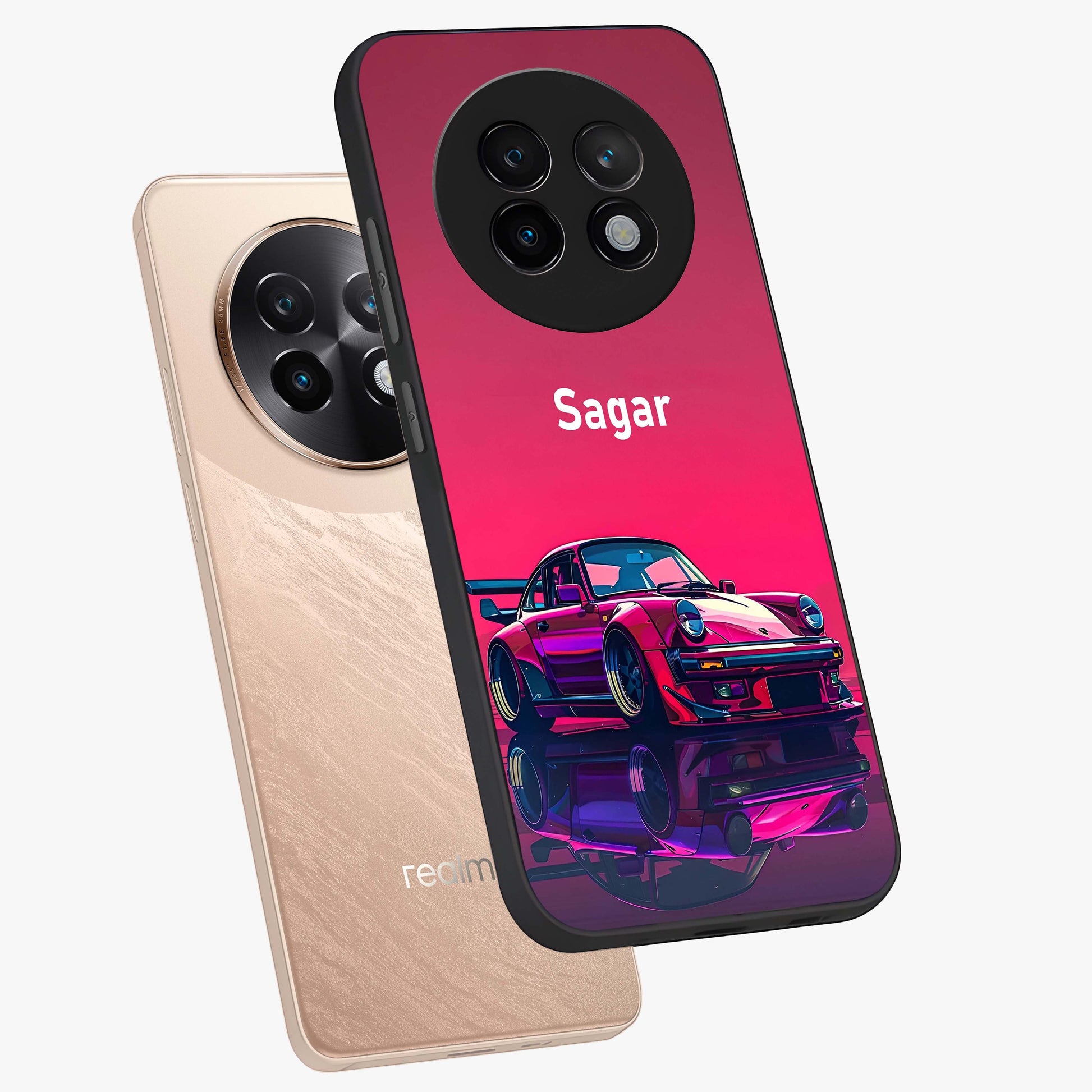 Neon Pink Porsche Glass Case displayed in angled mockup highlighting sleek neon pink car design with racing aesthetic.