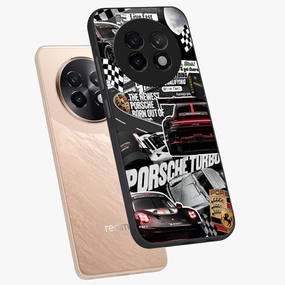 Porsche Racing Collage Glass Case displayed in angled mockup highlighting dynamic automotive design with bold racing aesthetic.