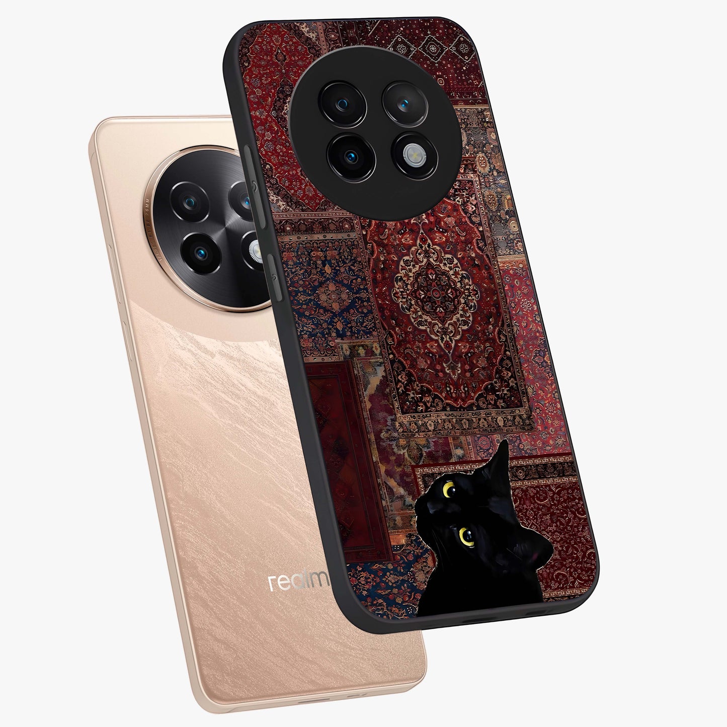 Regal Magic Cat Apple Glass Case displayed in angled mockup highlighting whimsical feline design with fantasy aesthetic.