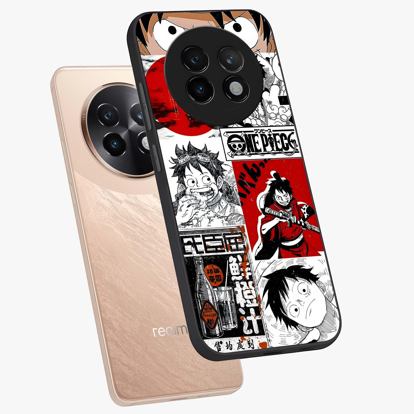 Strawhat Chaos Panels Glass Case displayed in angled mockup highlighting vibrant anime collage design with action aesthetic.