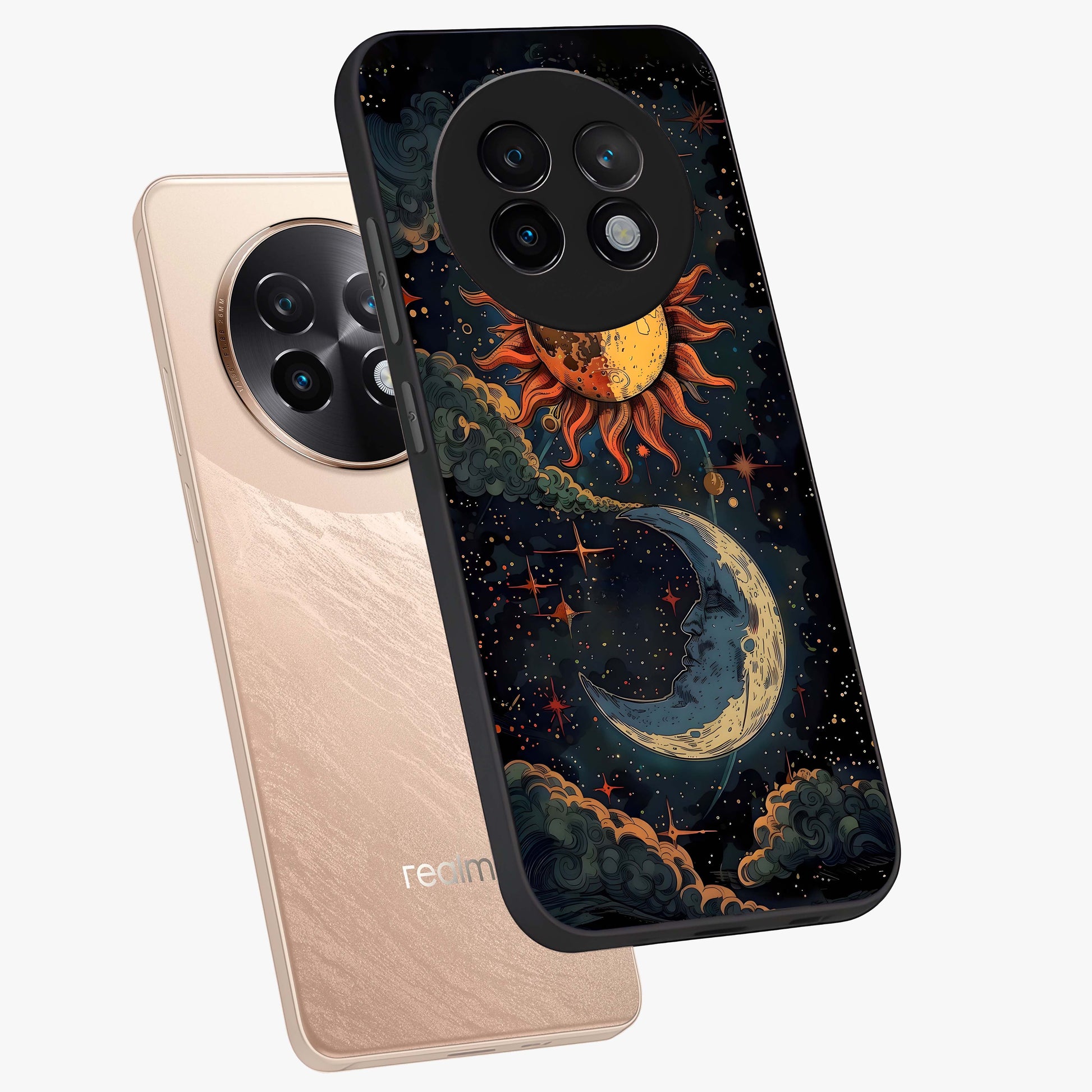 Sun And Moon Magic Design Glass Case displayed in angled mockup highlighting celestial design with magical cosmic aesthetic.