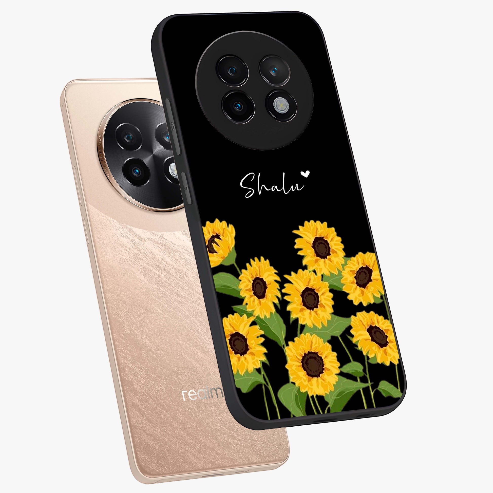 Sunflower Chic Mood Custom Name Glass Case displayed in angled mockup highlighting vibrant sunflower design with custom name feature.