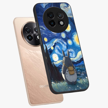 Totoro In Van Gogh Art Glass Case displayed in angled mockup highlighting artistic swirling sky design with playful animation aesthetic.