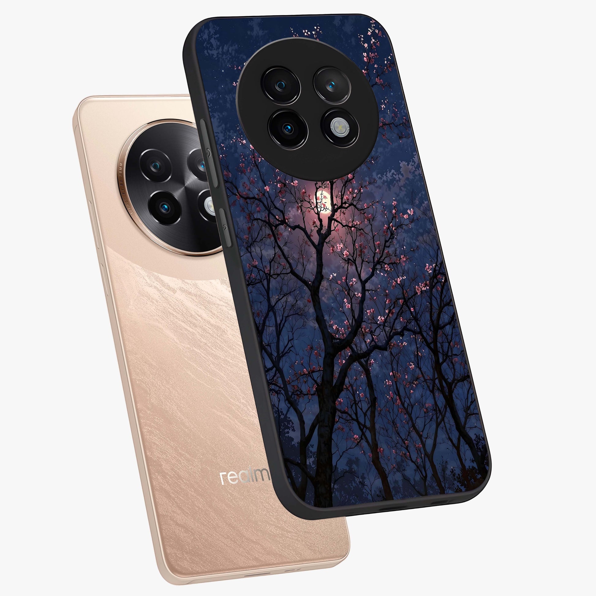 Twilight Sakura Serenade Glass Case displayed in angled mockup highlighting delicate sakura flower design with dreamy aesthetic.