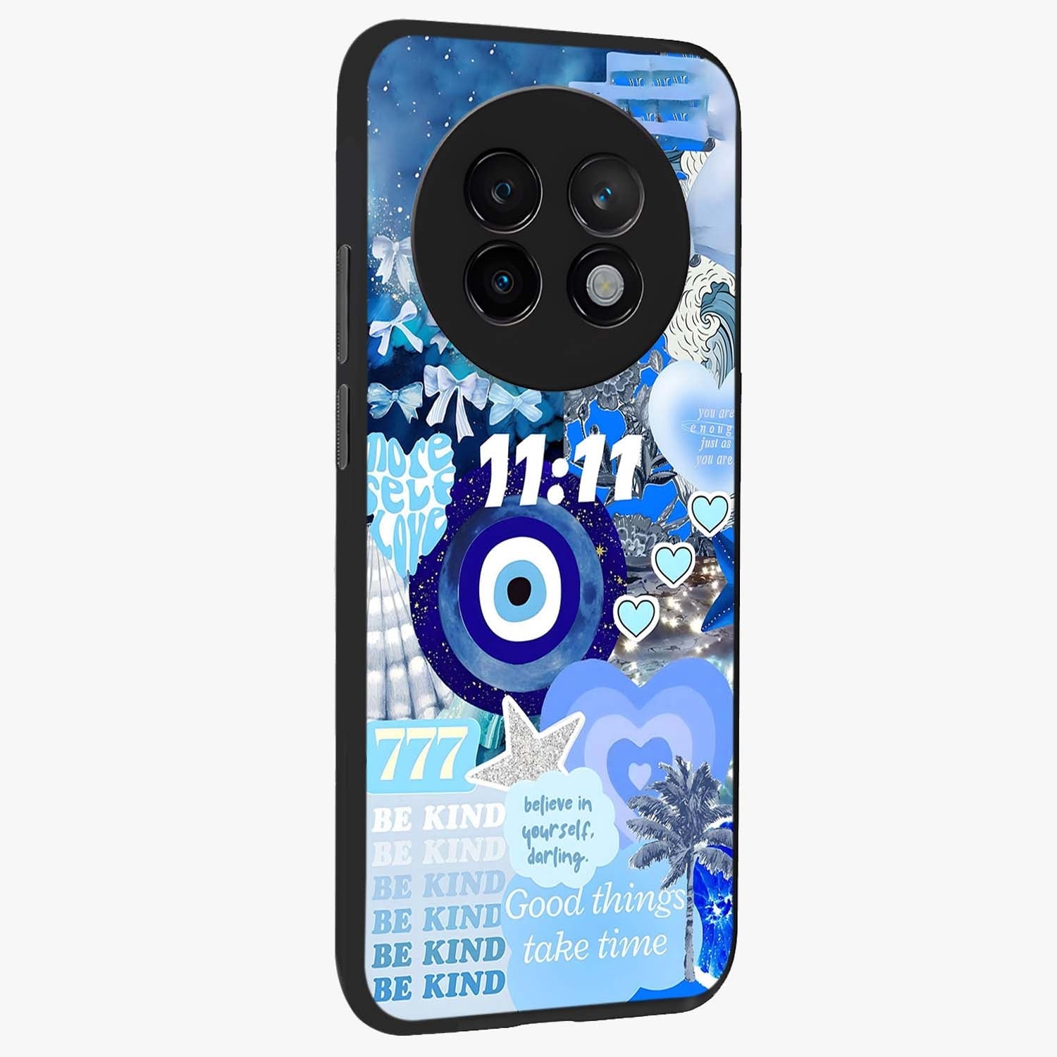 Aesthetic Be Kind Eye Glass Case upright view showcasing stylish eye illustration with positive message theme.