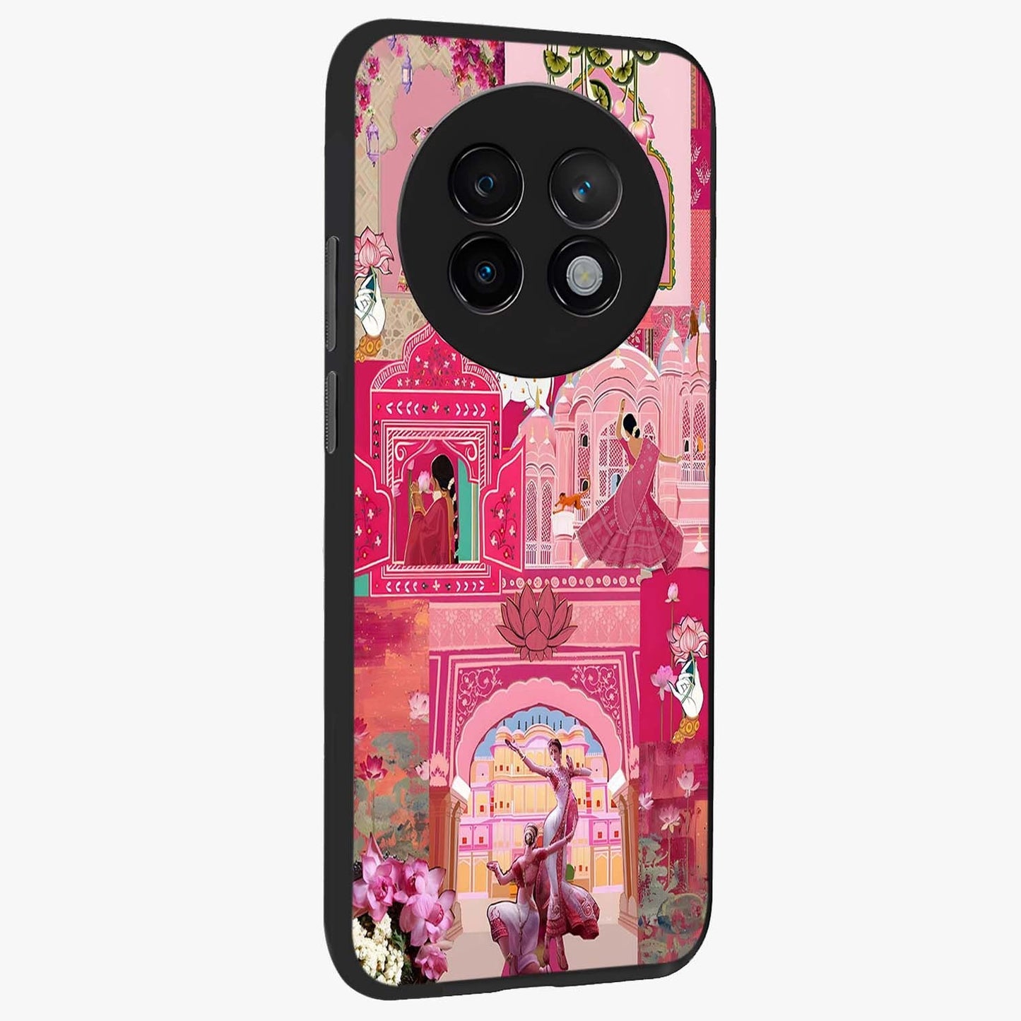 Blossoms of Rajasthan Glass Case upright view showcasing colorful floral design inspired by traditional Indian art.