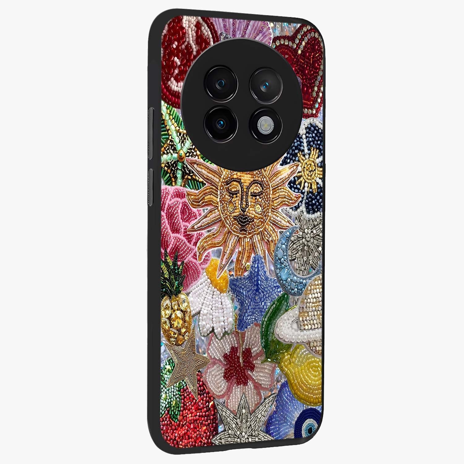 Celestial Floral and Playful Glass Case upright view showcasing whimsical floral artwork with cosmic aesthetic theme.