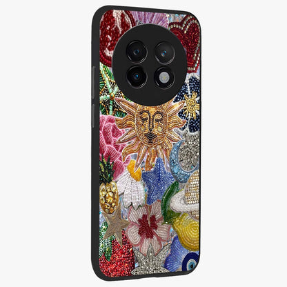 Celestial Floral and Playful Glass Case upright view showcasing whimsical floral artwork with cosmic aesthetic theme.