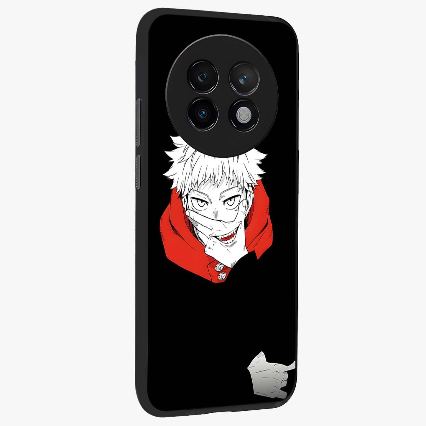 Crimson Chaos Smile Glass Case upright view showcasing expressive chaotic artwork with striking visual theme.