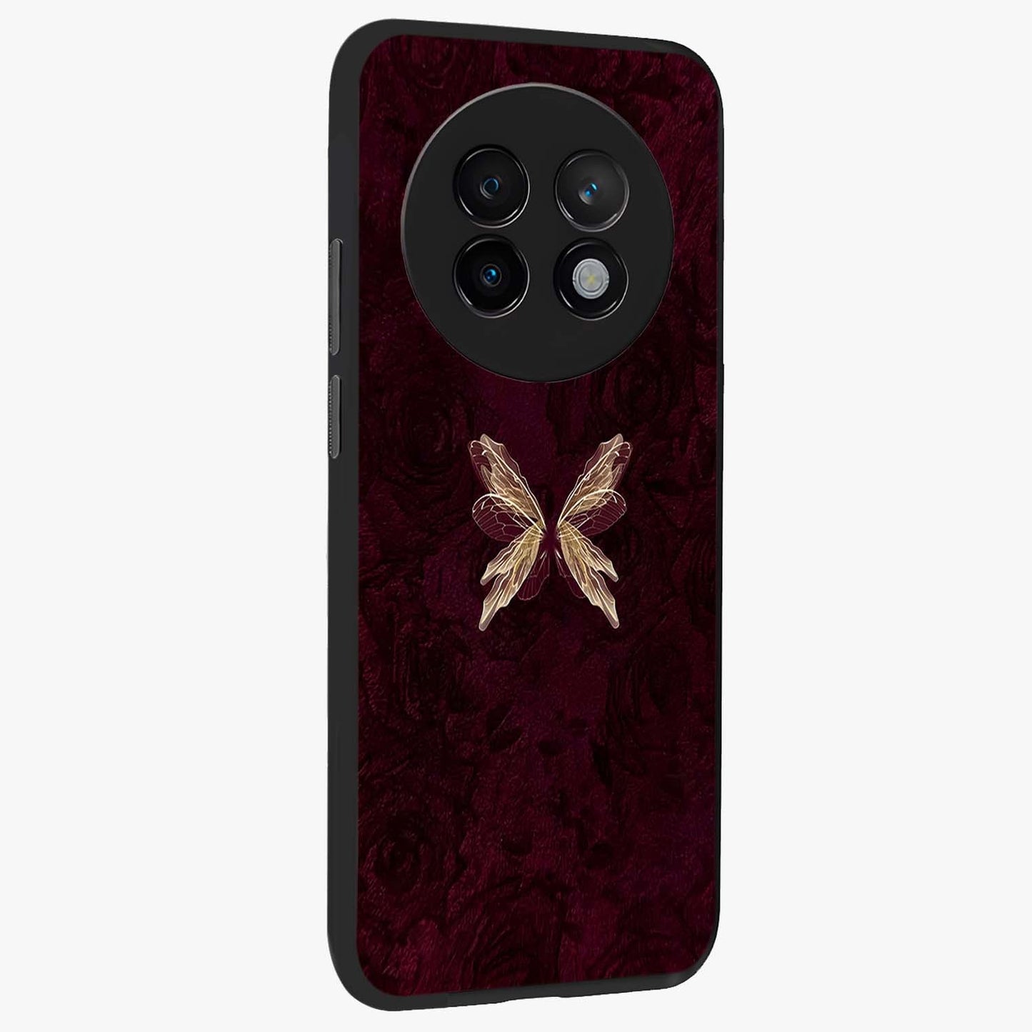 Crimson Fade Butterfly Glass Case upright view showcasing graceful butterfly artwork with soft crimson fade effect.