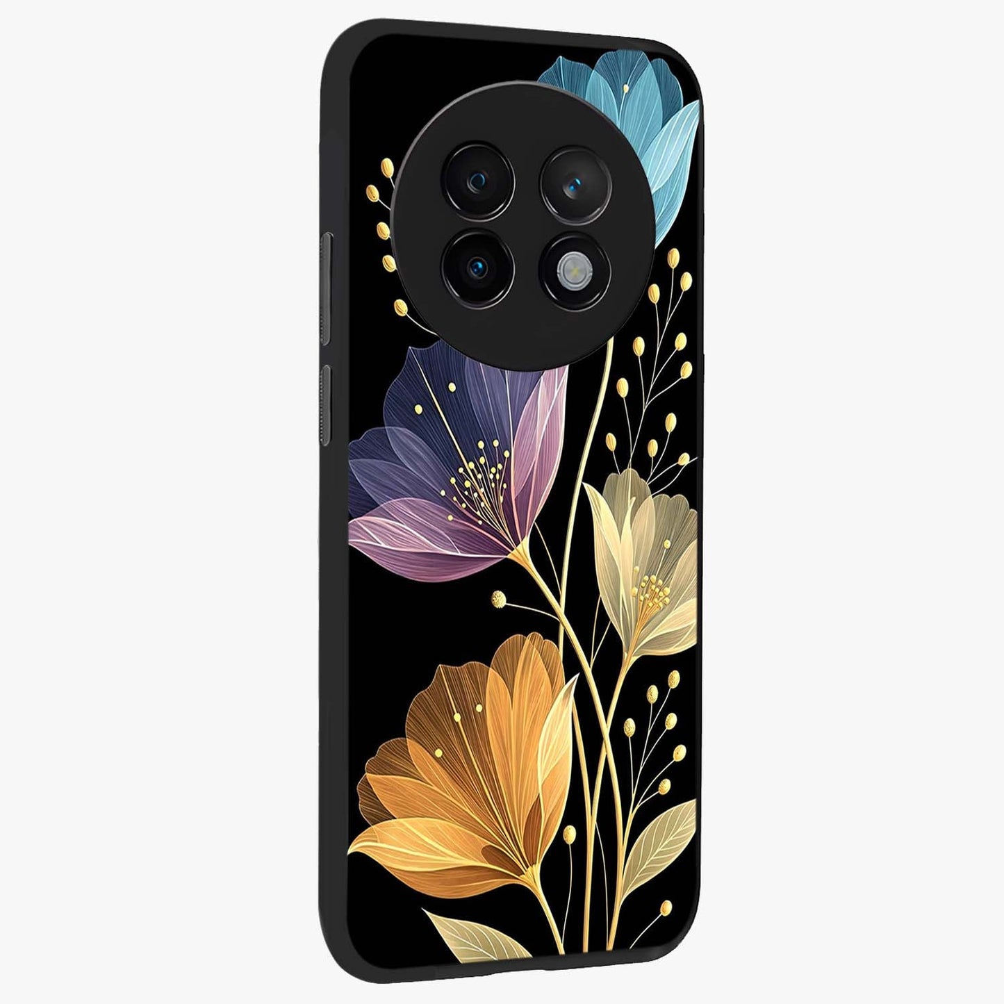 Delicate Multicolor Flowers Glass Case upright view showcasing delicate floral artwork with bright botanical theme.