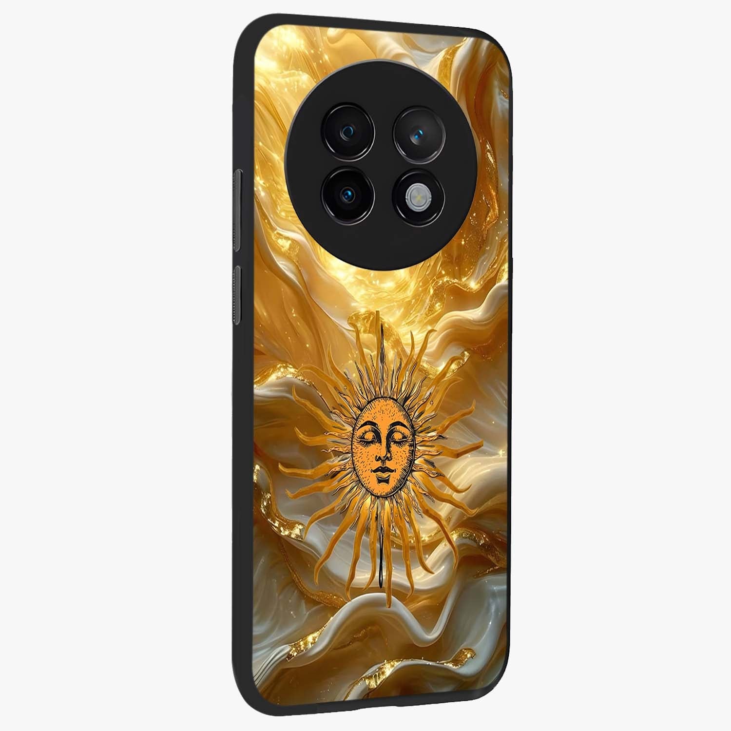 Eternal Golden Glow Glass Case upright view showcasing luminous golden artwork with luxurious visual theme.