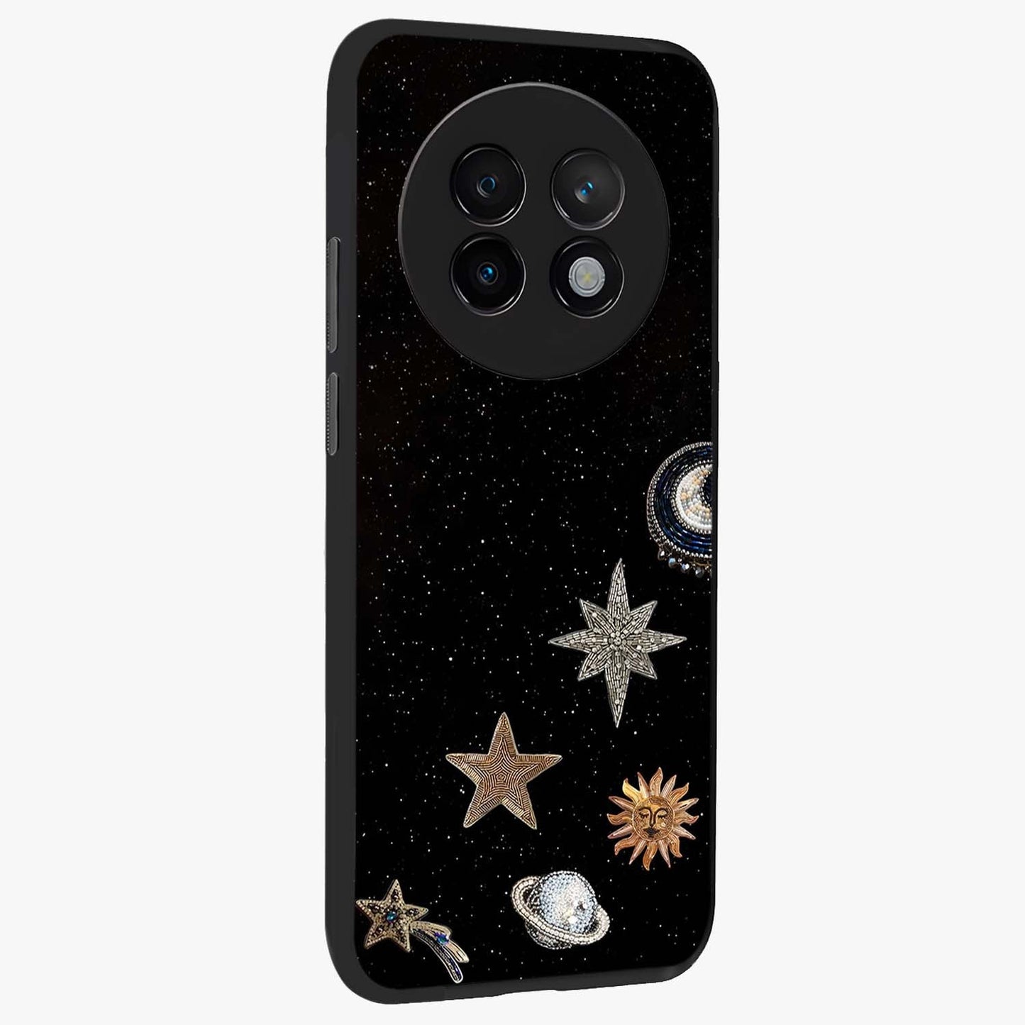 Galactic Charm Glow Glass Case upright view showcasing glowing cosmic charm artwork with magical celestial style.